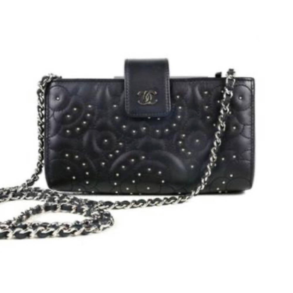 Chanel clutch on chain - crossbody in black lamb skin - silver studs! Authentic!